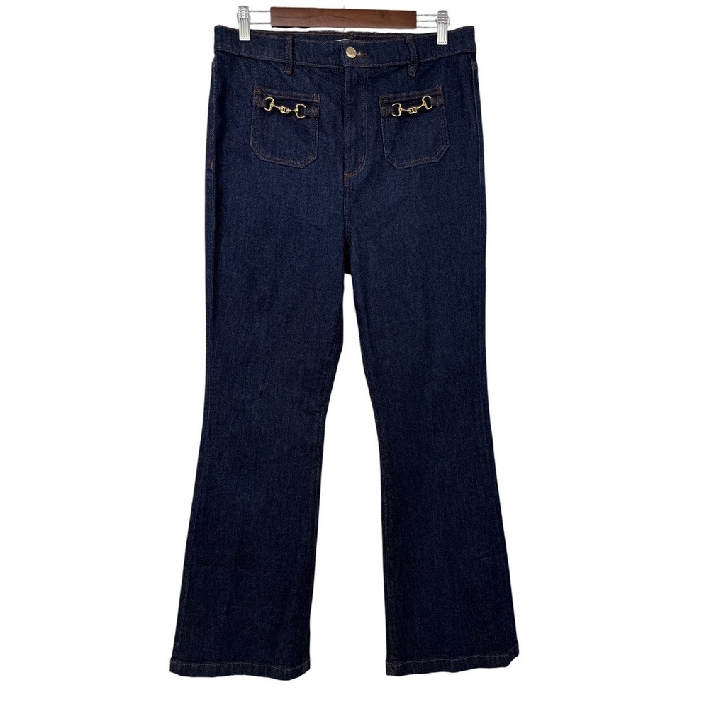 LOFT Slim Flare Jeans Womens Sz  10 x 30 Dark Wash Stretch Gold Horsebit Pockets